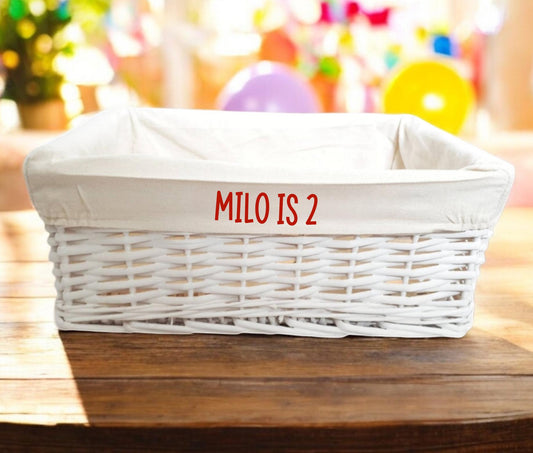 Personalised Birthday Hamper Basket White Wicker Cotton Liner Custom Text Gift Decor Storage Organiser Her Him Gift Box Choice of Sizes