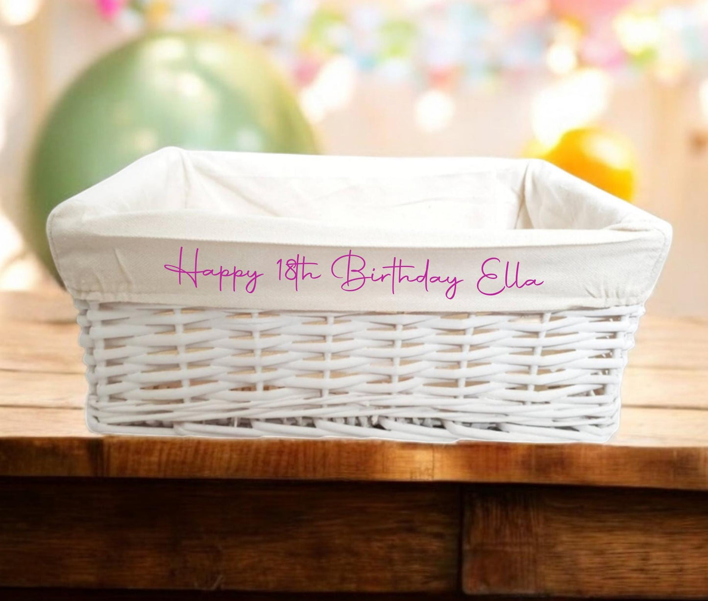 Personalised Birthday Hamper Basket White Wicker Cotton Liner Custom Text Gift Decor Storage Organiser Her Him Gift Box Choice of Sizes