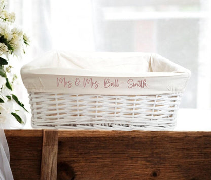 Personalised Gift Hamper Basket Baby Wedding Bridal Christmas Christening White Wicker Storage Cotton Liner Organiser box Choice of Size