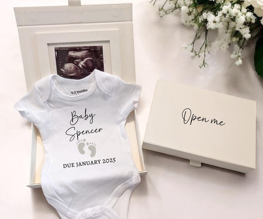 Personalised Pregnancy Announcement Vest Scan Photo Boxed Baby Coming Soon Due Date Promoted to Parents Baby Reveal Grandparents to be Gift