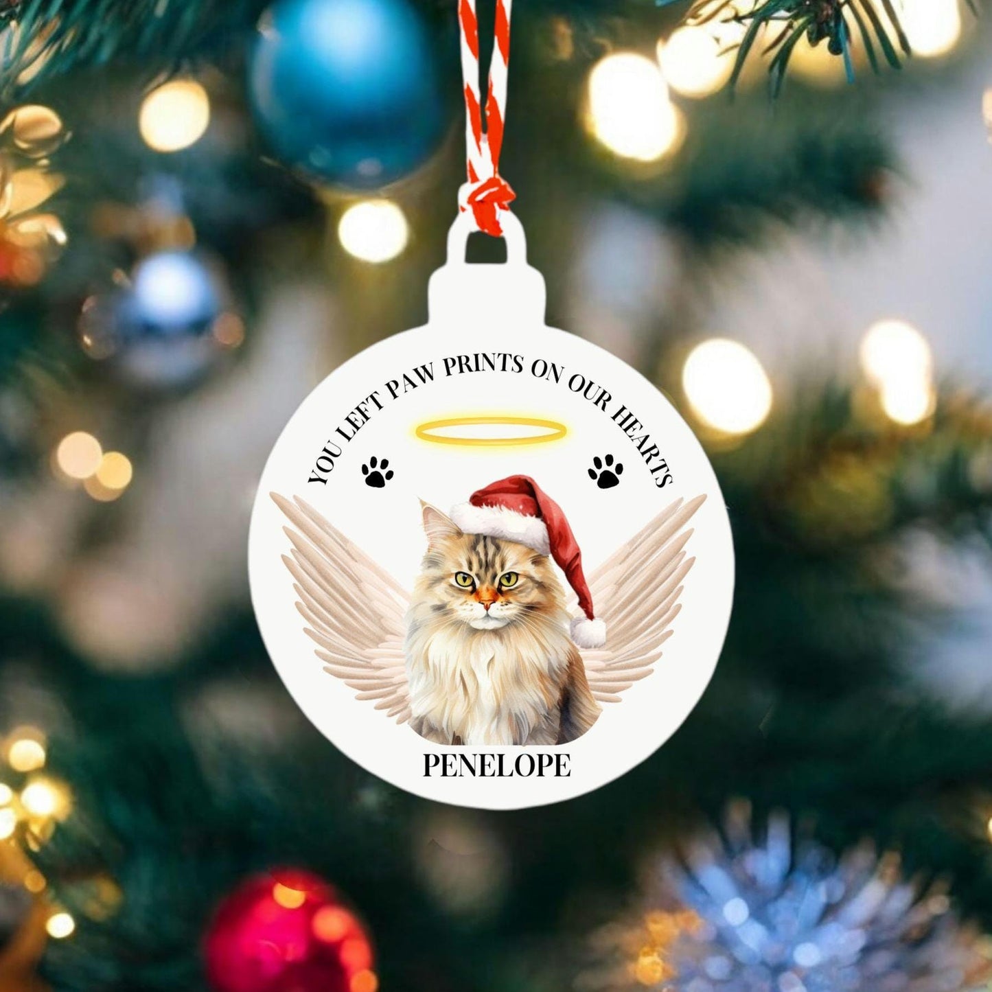 Personalised Cat Christmas Tree Decoration In Memory Of Pet Hanging Decor Bauble Paw Prints On Our Hearts Sentimental Gift Keepsake