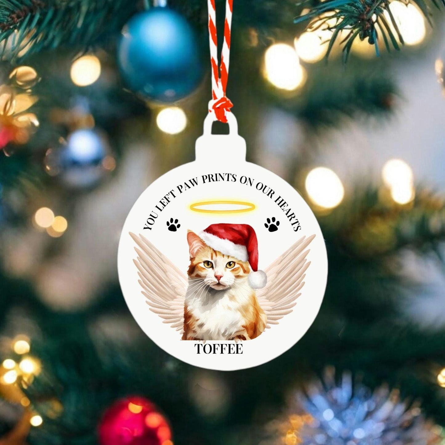 Personalised Cat Christmas Tree Decoration In Memory Of Pet Hanging Decor Bauble Paw Prints On Our Hearts Sentimental Gift Keepsake