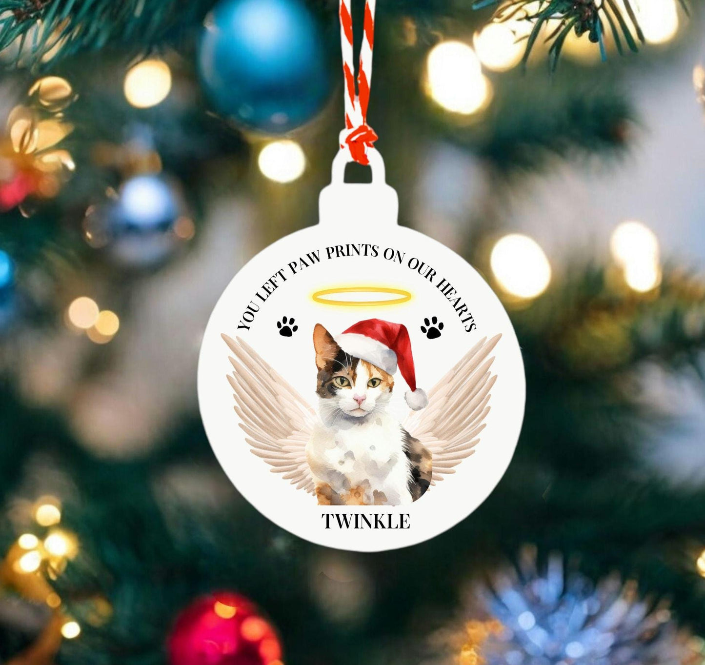 Personalised Cat Christmas Tree Decoration In Memory Of Pet Hanging Decor Bauble Paw Prints On Our Hearts Sentimental Gift Keepsake