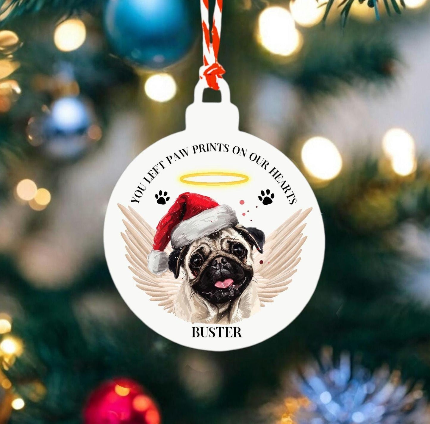 Personalised Dog Christmas Tree Decoration In Memory Of Pet Hanging Decor Bauble Paw Prints On Our Hearts Sentimental Gift Keepsake