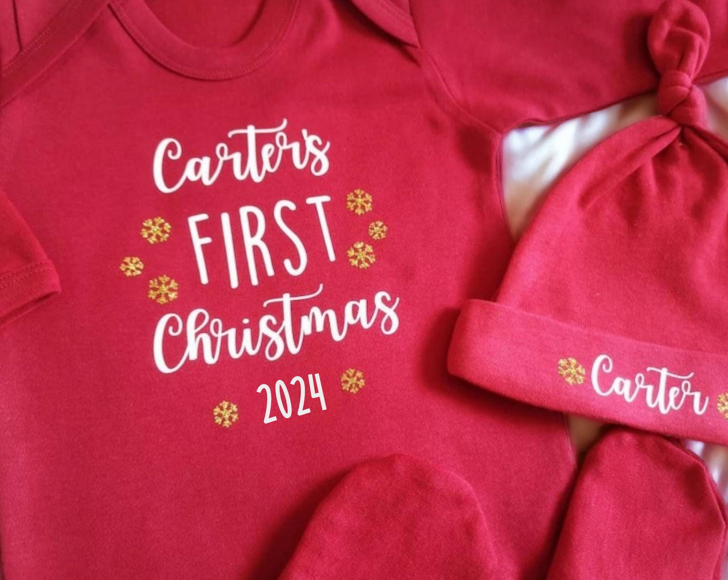 Personalised Baby's First Christmas Sleepsuit Hat Set My 1st Xmas Gift New Baby Cotton Red Gold White Silver Baby Outfit Christmas Eve