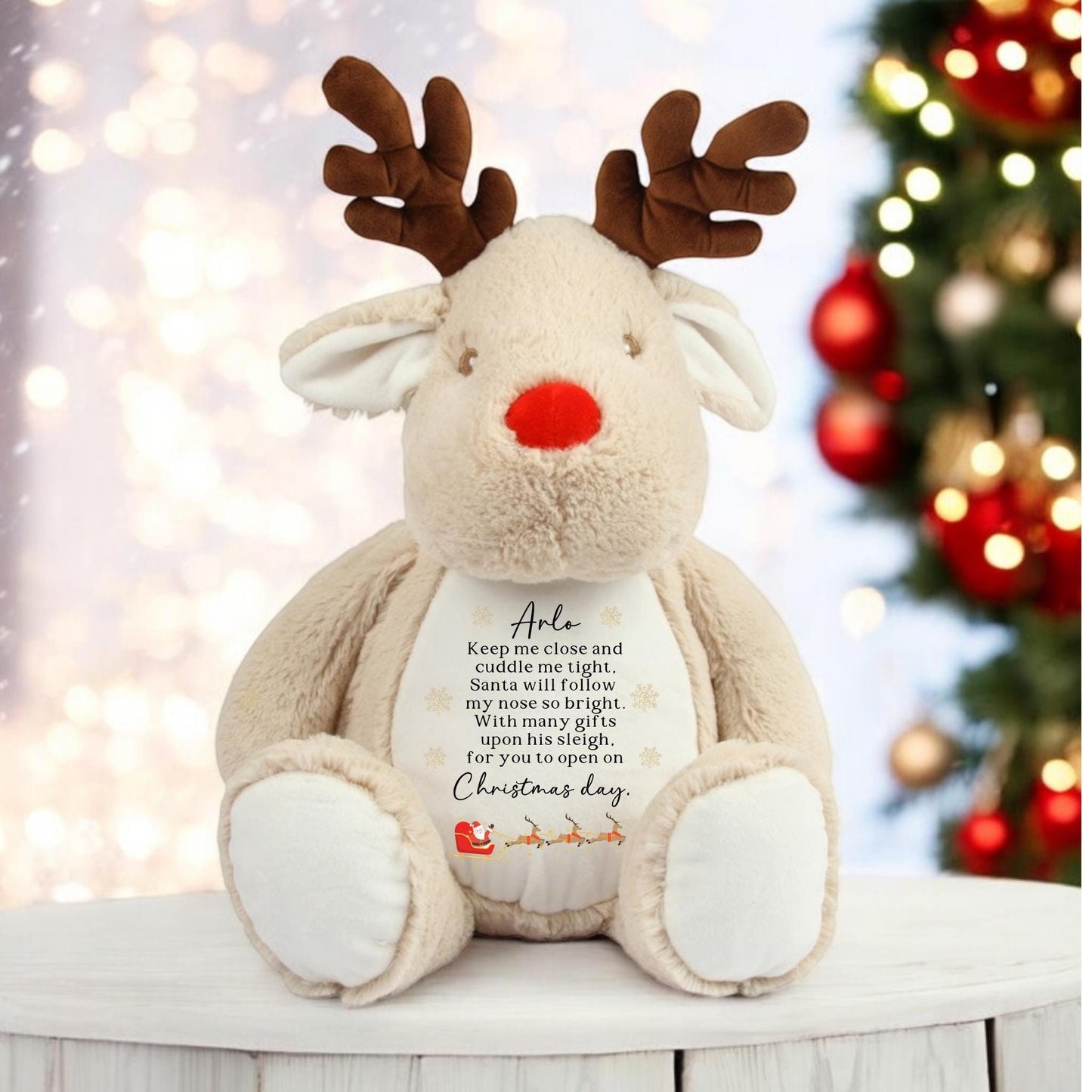 Personalised Christmas Reindeer Soft Toy Red Nose Poem Santa is coming Xmas Gift Baby Child Present Festive Plush Choice Two Sizes CE Tested