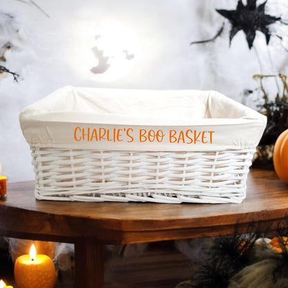 Personalised Boo Basket Halloween Box Gift Hamper White Wicker Storage Gift Cotton Liner Choice of Sizes