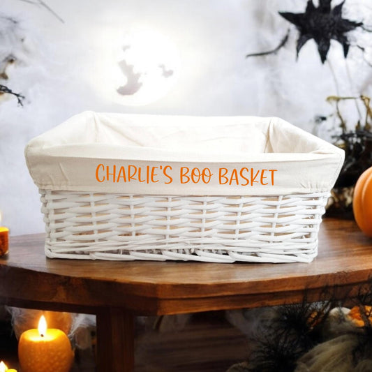 Personalised Boo Basket Halloween Box Gift Hamper White Wicker Storage Gift Cotton Liner Choice of Sizes