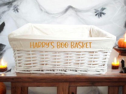 Personalised Boo Basket Halloween Box Gift Hamper White Wicker Storage Gift Cotton Liner Choice of Sizes