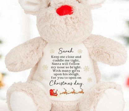 Personalised Christmas Reindeer Soft Toy Red Nose Poem Santa is coming Xmas Gift Baby Child Present Festive Plush Choice Two Sizes CE Tested