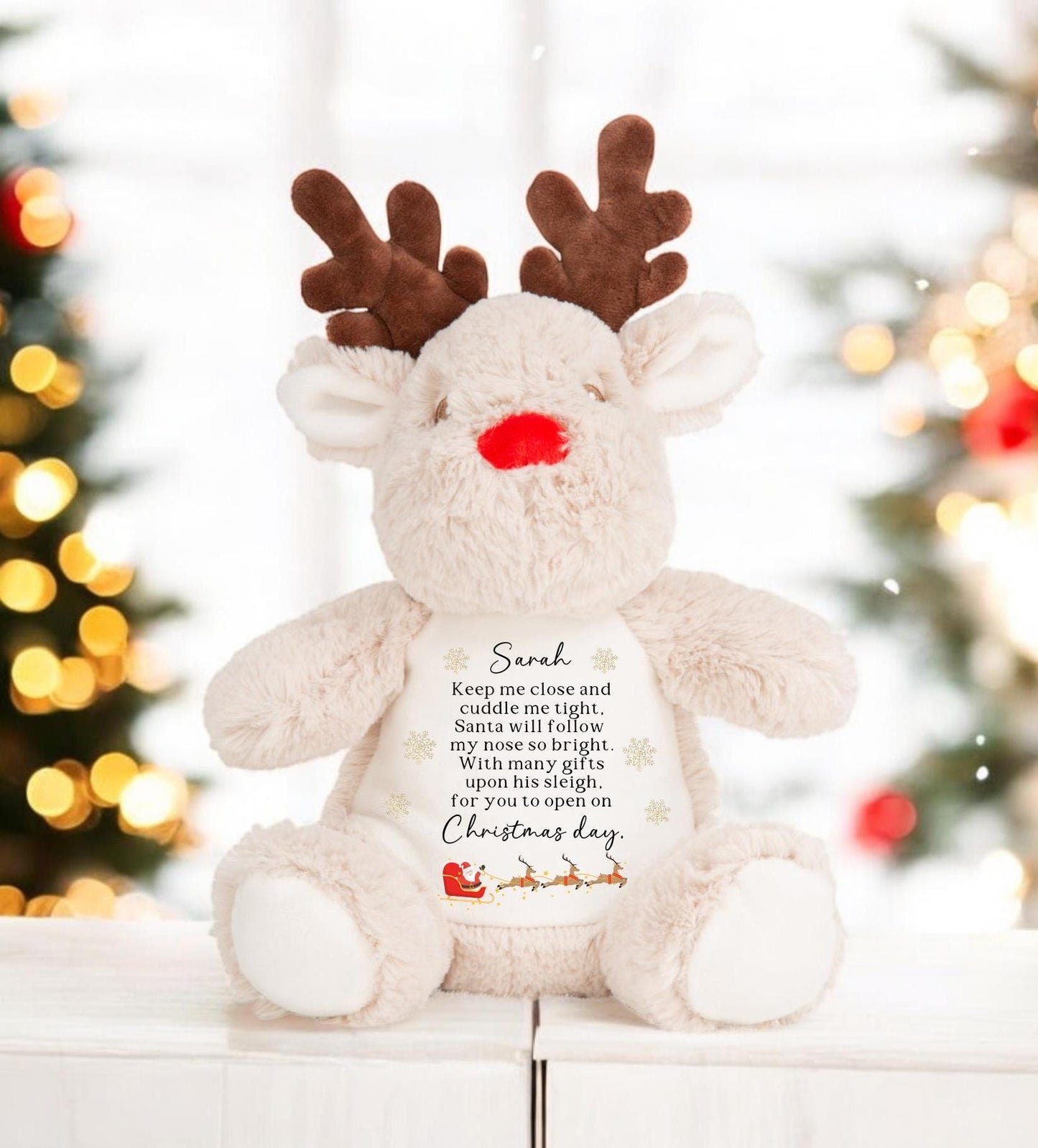 Personalised Christmas Reindeer Soft Toy Red Nose Poem Santa is coming Xmas Gift Baby Child Present Festive Plush Choice Two Sizes CE Tested