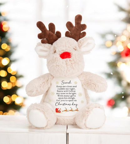 Personalised Christmas Reindeer Soft Toy Red Nose Poem Santa is coming Xmas Gift Baby Child Present Festive Plush Choice Two Sizes CE Tested