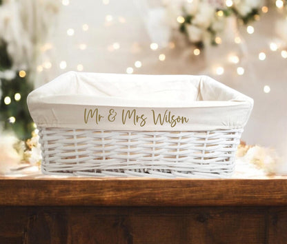 Personalised Baby Storage Basket White Wicker Cotton Liner Gift Nursery Decor Organiser Boy Girl Neutral Gift Hamper box Choice of Sizes