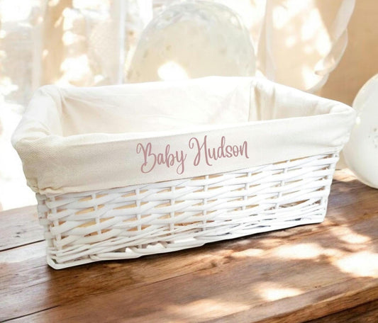Personalised Baby Storage Basket White Wicker Cotton Liner Gift Nursery Decor Organiser Boy Girl Neutral Gift Hamper box Choice of Sizes