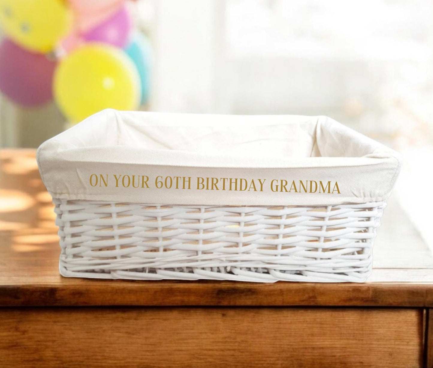 Personalised Birthday Hamper Basket White Wicker Cotton Liner Custom Text Gift Decor Storage Organiser Her Him Gift Box Choice of Sizes