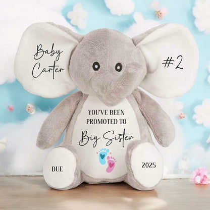 Personalised Pregnancy Announcement Gift Elephant Soft Toy Big Brother or Sister Sibling Reveal Small 23cm Large 40cm