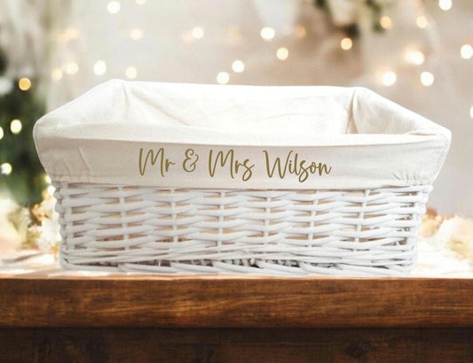 Personalised Gift Hamper Basket Baby Wedding Bridal Christmas Christening White Wicker Storage Cotton Liner Organiser box Choice of Size