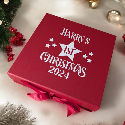 Personalised First Christmas Eve Box Red Xmas Keepsake Case My 1st Xmas Child's Name Star Large 30cm X 30cm Size Choice