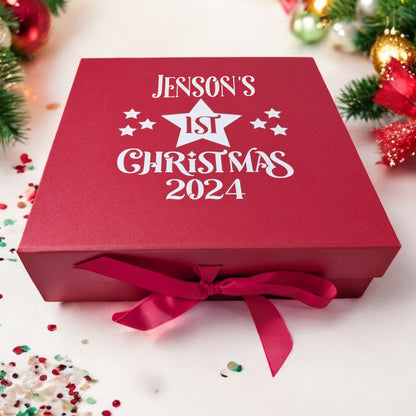 Personalised First Christmas Eve Box Red Xmas Keepsake Case My 1st Xmas Child's Name Star Large 30cm X 30cm Size Choice