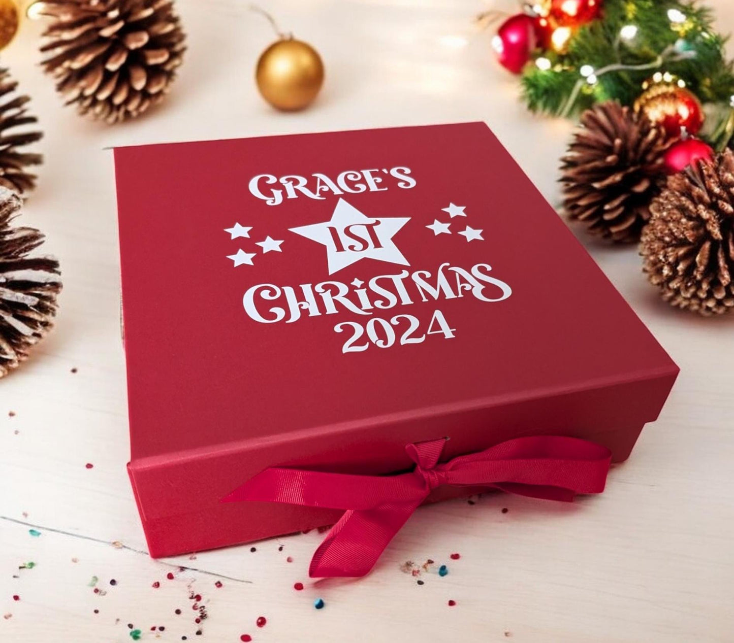 Personalised First Christmas Eve Box Red Xmas Keepsake Case My 1st Xmas Child's Name Star Large 30cm X 30cm Size Choice