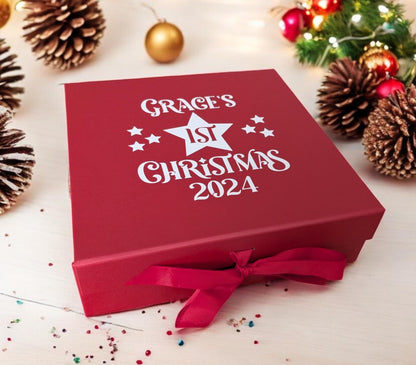 Personalised First Christmas Eve Box Red Xmas Keepsake Case My 1st Xmas Child's Name Star Large 30cm X 30cm Size Choice