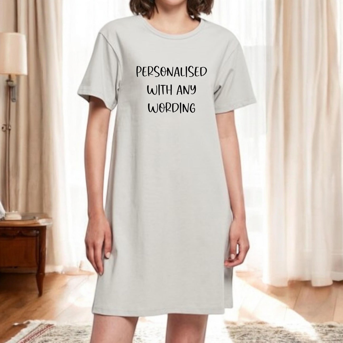 Ladies Personalised T Shirt Dress Nightie Nightshirt Funny Cute Slogan Your Choice of Text Any Wording Nightwear Loungewear Gift Plus Size