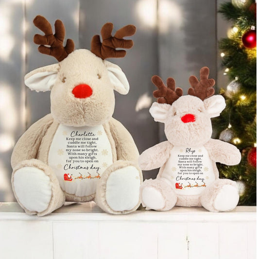 Personalised Christmas Reindeer Soft Toy Red Nose Poem Santa is coming Xmas Gift Baby Child Present Festive Plush Choice Two Sizes CE Tested