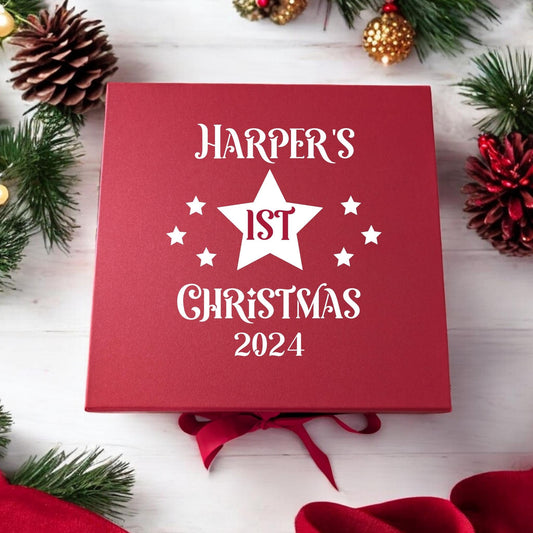 Personalised First Christmas Eve Box Red Xmas Keepsake Case My 1st Xmas Child's Name Star Large 30cm X 30cm Size Choice