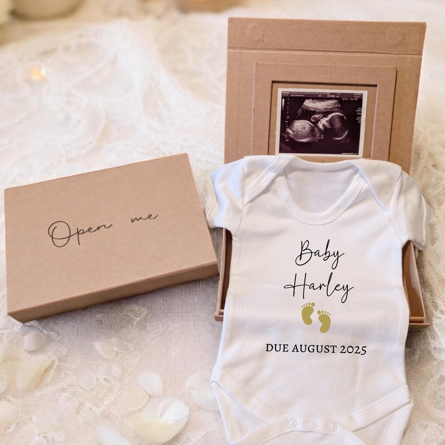 Personalised Pregnancy Announcement Vest Scan Photo Boxed Baby Coming Soon Due Date Promoted to Parents Baby Reveal Grandparents to be Gift
