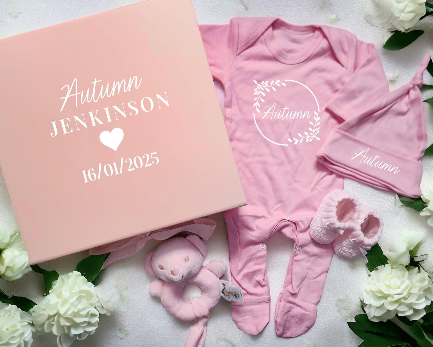 Personalised New Baby Girl Outfit Gift Box Set First Outfit Pink Sleepsuit Hat Rattle Coming Home Keepsake Romper Bodysuit Newborn