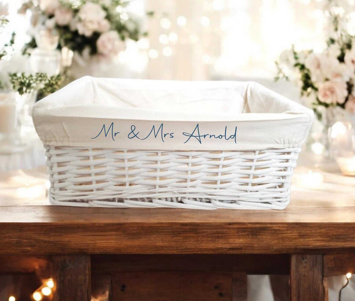 Personalised Gift Hamper Basket Baby Wedding Bridal Christmas Christening White Wicker Storage Cotton Liner Organiser box Choice of Size
