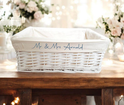 Personalised Gift Hamper Basket Baby Wedding Bridal Christmas Christening White Wicker Storage Cotton Liner Organiser box Choice of Size