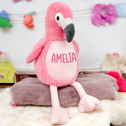 Personalised Flamingo Soft Toy Cuddly Kids Gift Birthday Present 42cm Gift for Boy Gift for Girl Sibling Cute Fun