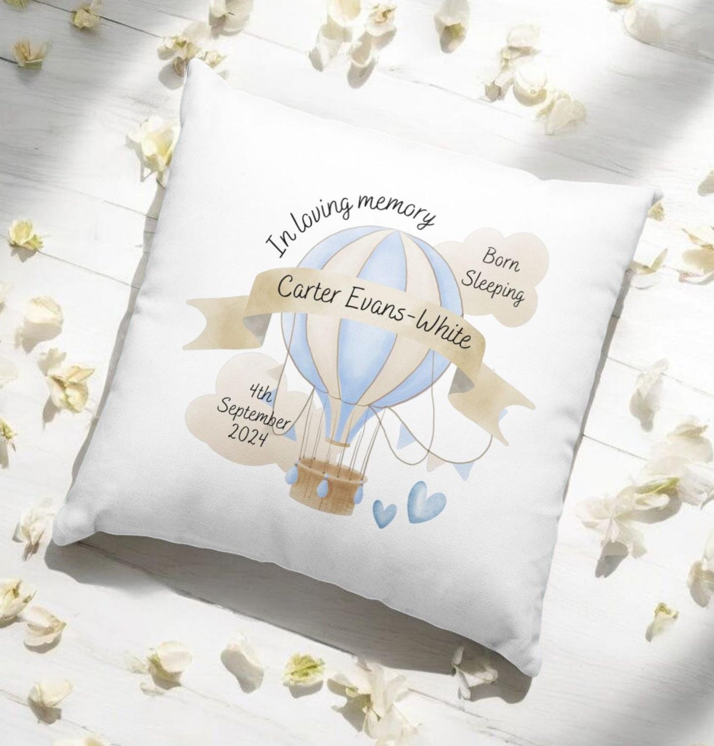 Personalised Memorial Cushion: Baby Loss Keepsake with Hot Air Balloon