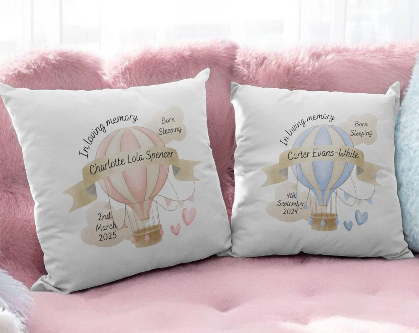 Personalised Memorial Cushion: Baby Loss Keepsake with Hot Air Balloon
