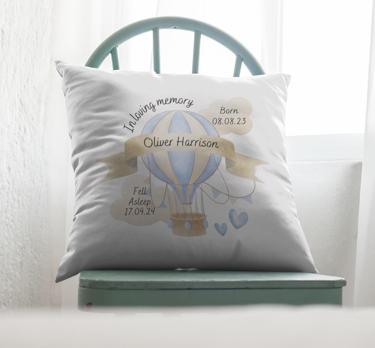 Personalised Memorial Cushion: Baby Loss Keepsake with Hot Air Balloon