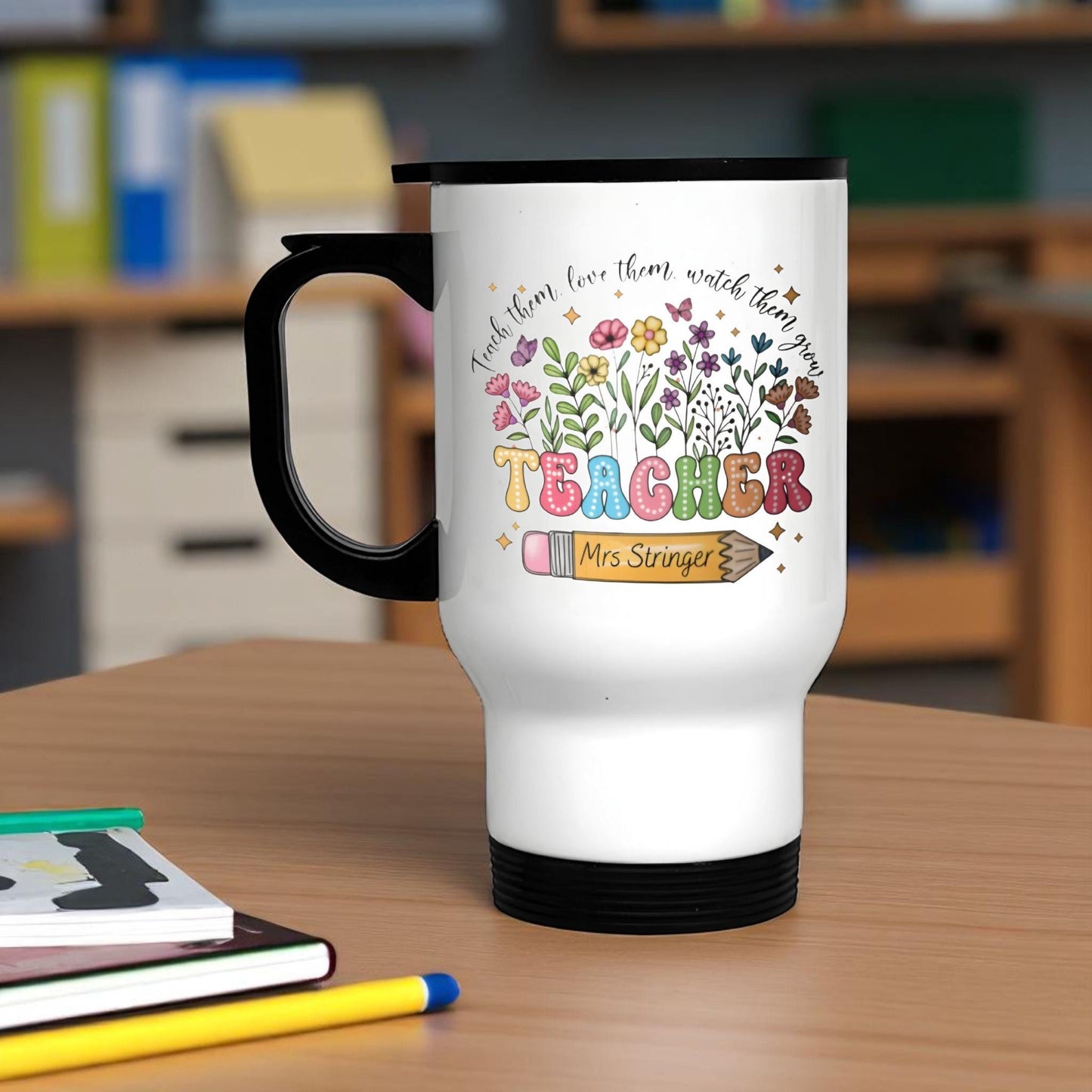 Personalised Teacher Gift Travel Mug Thermal Mug with Handle Custom Name End of Year Gift Nursery Teaching Assistant Primary School
