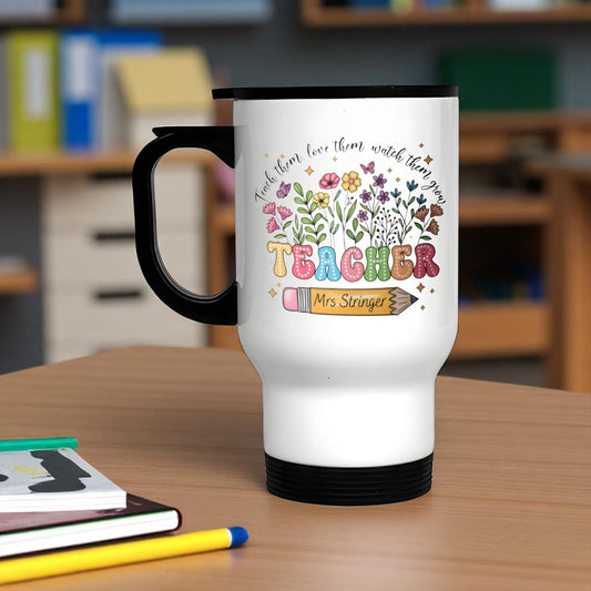 Personalised Teacher Gift Travel Mug Thermal Mug with Handle Custom Name End of Year Gift Nursery Teaching Assistant Primary School