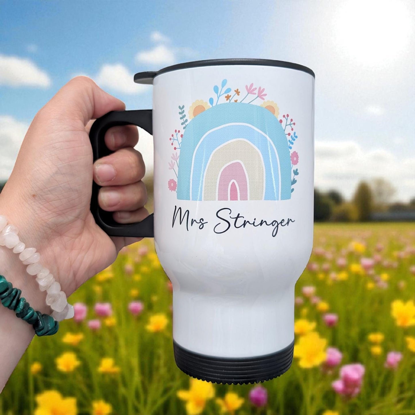 Personalised Teacher Gift Thermal Mug with Handle Rainbow Custom Name End of Year Gift Nursery Teaching Assistant Thank you teacher