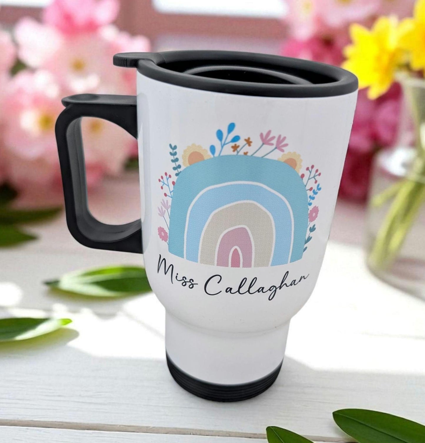 Personalised Teacher Gift Thermal Mug with Handle Rainbow Custom Name End of Year Gift Nursery Teaching Assistant Thank you teacher