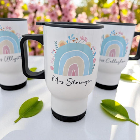Personalised Teacher Gift Thermal Mug with Handle Rainbow Custom Name End of Year Gift Nursery Teaching Assistant Thank you teacher