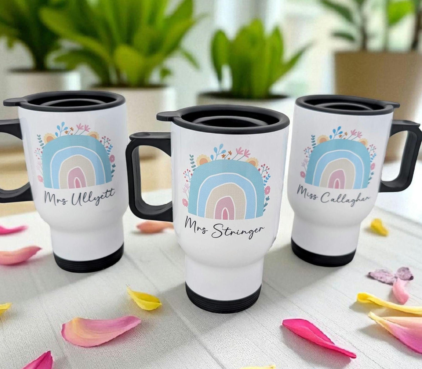 Personalised Teacher Gift Thermal Mug with Handle Rainbow Custom Name End of Year Gift Nursery Teaching Assistant Thank you teacher