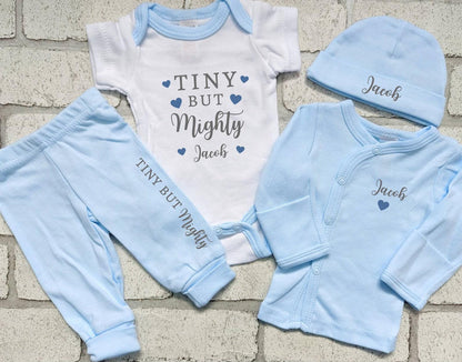 Personalised Preemie Coming Home Outfit Tiny But Mighty Premature Baby Newborn Gift Hat Bodysuit Top Trousers Set 3-5lb White Cotton