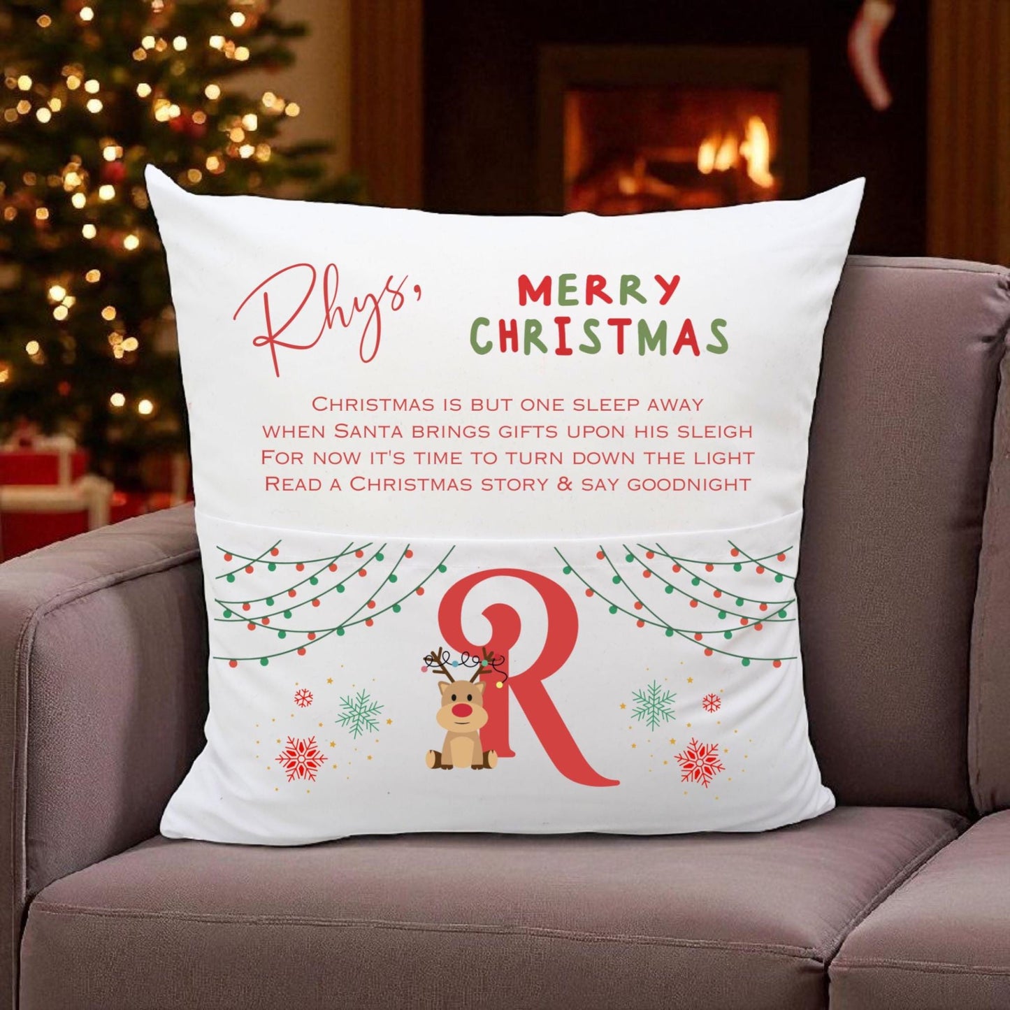 Personalised Christmas Eve Cushion Santa Pillow Christmas Story Pocket Name and Poem