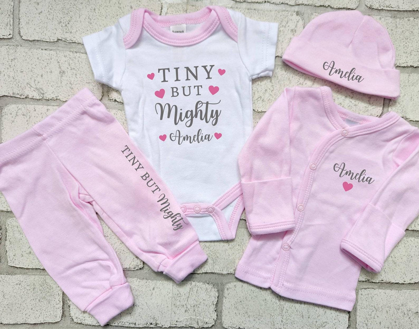 Personalised Preemie Coming Home Outfit Tiny But Mighty Premature Baby Newborn Gift Hat Bodysuit Top Trousers Set 3-5lb White Cotton