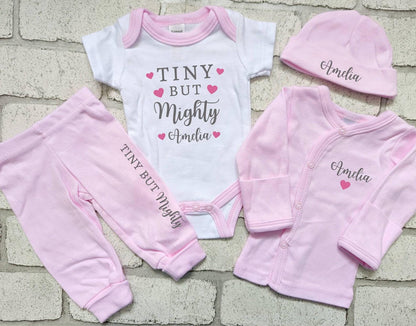 Personalised Preemie Coming Home Outfit Tiny But Mighty Premature Baby Newborn Gift Hat Bodysuit Top Trousers Set 3-5lb White Cotton