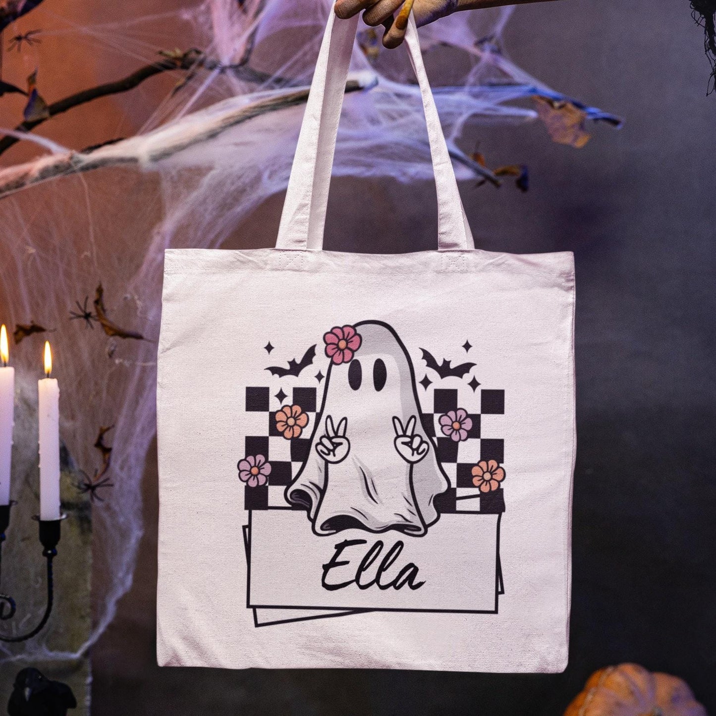 Personalised Halloween Trick or Treat Bag | Custom Kids Candy Tote | Ghost Cute Funky Design | Reusable Halloween Sweet Large Bag