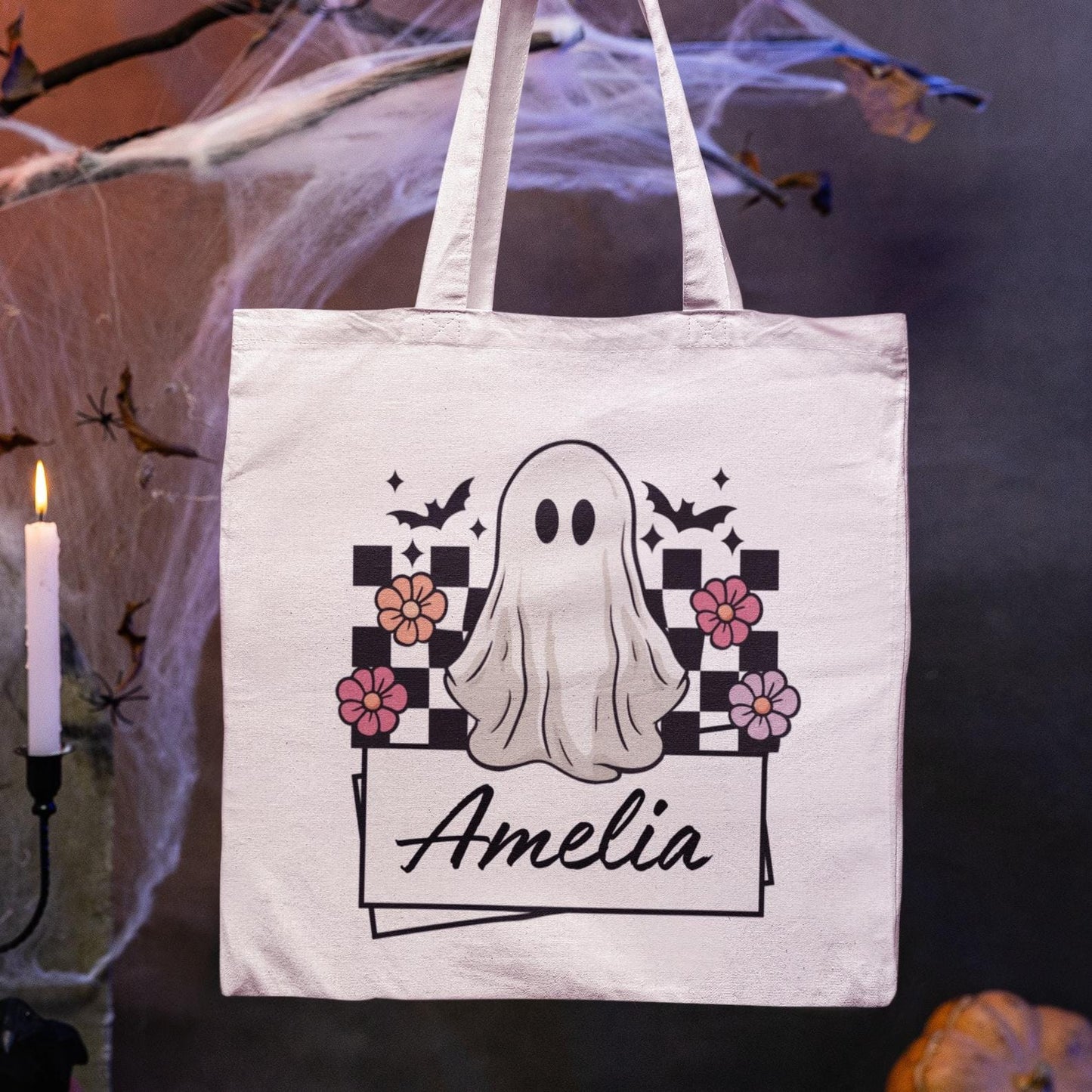 Personalised Halloween Trick or Treat Bag | Custom Kids Candy Tote | Ghost Cute Funky Design | Reusable Halloween Sweet Large Bag