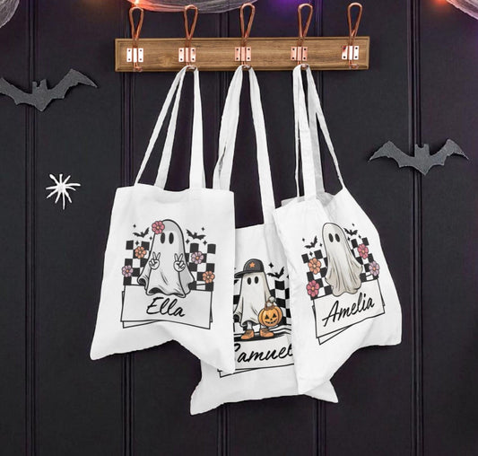 Personalised Halloween Trick or Treat Bag | Custom Kids Candy Tote | Ghost Cute Funky Design | Reusable Halloween Sweet Large Bag