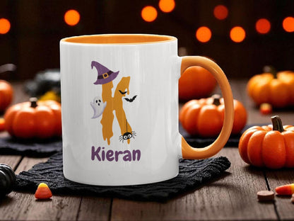 Personalised Halloween Initial Mug | Custom Name Coffee Cup | Kids Safe Polymer or Ceramic Mug | Cute Spooky Gift for Halloween | 11oz Mug